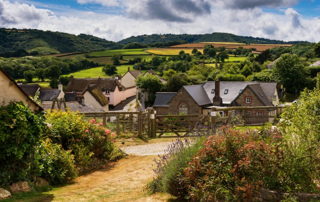 English village in the fields and hills Dartmoor Devon