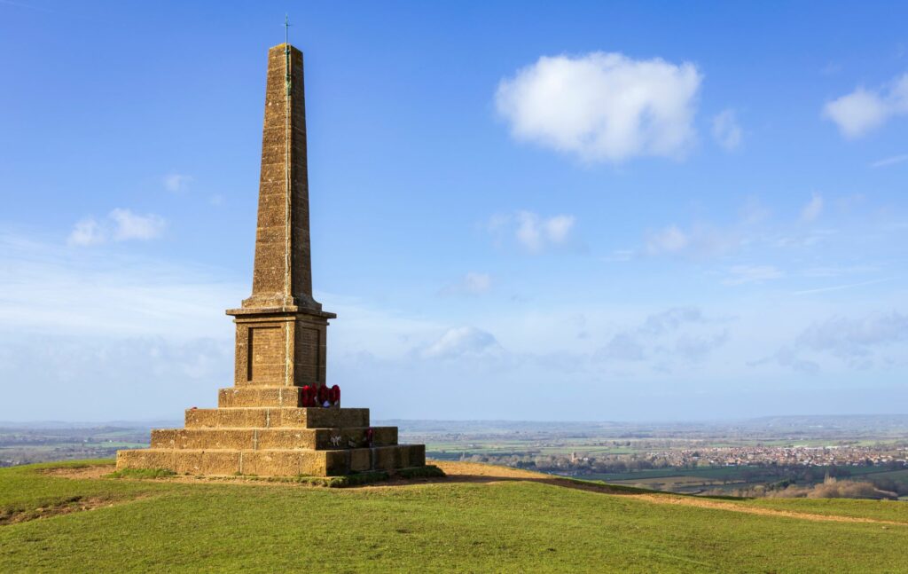 Ham Hill War Memorial and countryside views in Somerset
