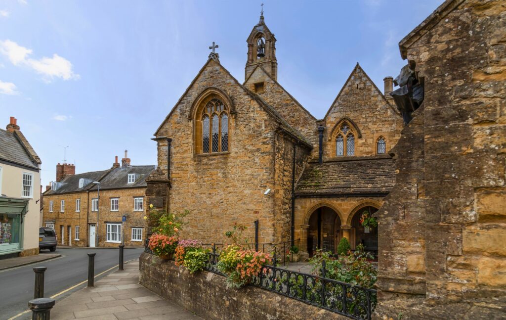 View of St Johns Almshouse in Sherborne, Dorset
